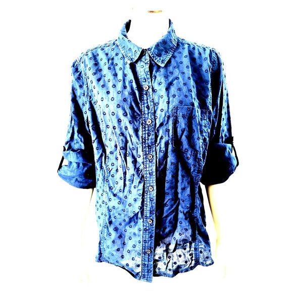 Jones New York Sport Large Navy Blue Circle Pattern Button Up Top Urban Heritage - Picture 7 of 16